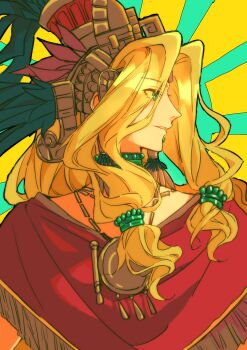 1girl absurdres aztec blonde_hair commentary_request fate/grand_order fate_(series) fishsong8842 green_eyes highres korean_commentary long_hair looking_ahead mexican_clothes poncho quetzalcoatl_(fate) skirt solo