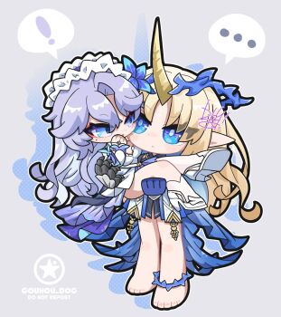 ! ... 2girls barefoot black_dress blonde_hair blue_eyes blue_flower breasts cantarella_(wuthering_waves) carrying chibi chibi_only closed_mouth commentary_request crown_of_thorns dog-san dress fleurdelys_(wuthering_waves) flower hair_between_eyes hair_flower hair_ornament hand_up headdress high_heels highres horns long_hair long_horns looking_at_another medium_breasts mole mole_under_eye multiple_girls parted_bangs princess_carry purple_hair shoes single_horn spoken_ellipsis spoken_exclamation_mark tacet_mark_(wuthering_waves) white_dress white_shoes wuthering_waves yellow_horns