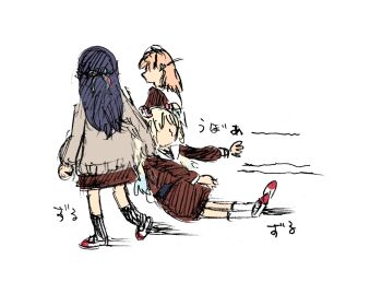 3girls 524ryo alt_text blonde_hair blue_hair brown_dress commentary_request dragging dress faceless faceless_female gradient_hair hair_ornament half_updo hasu_no_sanrenka hasu_no_sora_school_uniform highres hinoshita_kaho link!_like!_love_live! long_hair love_live! medium_dress medium_hair multicolored_hair multiple_girls murano_sayaka osawa_rurino rabbit_hair_ornament sailor_collar sailor_dress school_uniform simple_background sketch translation_request twintails two_side_up virtual_youtuber white_background white_sailor_collar