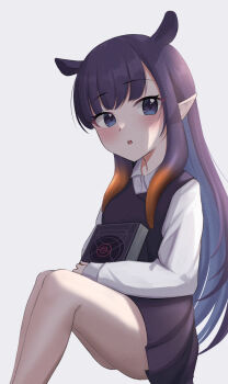 1girl animal_ears black_dress blue_eyes blunt_bangs blush book commentary dress extra_ears feet_out_of_frame from_side highres holding holding_book hololive hololive_english invisible_chair long_hair long_sleeves looking_at_viewer ninomae_ina'nis parted_lips pinafore_dress pointy_ears purple_hair ramkilog shirt simple_background sitting sleeveless sleeveless_dress solo tentacle_hair virtual_youtuber white_shirt