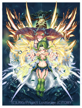 2girls blush brown_hair closed_mouth copyright_notice dqn_(dqnww) dress flat_chest green_eyes green_garter_straps green_hair green_leg_warmers green_shoes green_shorts green_tube_top hug hug_from_behind leg_warmers looking_at_viewer medium_hair midoriko_(wixoss) multiple_girls official_art outstretched_arms shoes short_shorts shorts smile spiked_hair strapless tears tree tube_top white_dress wixoss