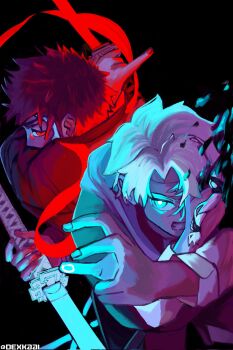 2boys artist_name black_hair blue_eyes clenched_teeth commentary dexkaai english_commentary glowing hand_over_eye highres holding holding_sword holding_weapon kagurabachi katana male_focus multiple_boys pinky_out red_eyes rokuhira_chihiro sazanami_hakuri short_hair sword teeth twitter_username weapon