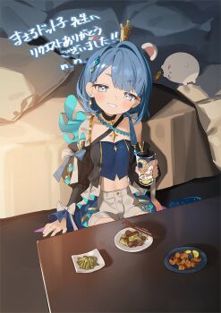 1girl animal_ears bed black_choker black_jacket black_sleeves blue_bow blue_hair blue_shirt bow breasts chicken_(food) choker chopsticks commentary_request commission crop_top cropped_jacket crown cup detached_sleeves drinking_glass earrings food fried_chicken frilled_sleeves frills fruit grey_pupils grin hair_intakes highres holding holding_cup ice ice_cube indoors jacket jewelry lemon lemon_slice long_sleeves looking_at_viewer medium_hair midriff mini_crown nnmbpx open_clothes open_jacket original plate shirt shorts sitting skeb_commission sleeve_bow small_breasts smile solo star_(symbol) star_choker stud_earrings table white_eyes white_shorts