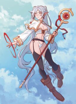 1girl blue_sky boots breasts capelet cleavage commentary earrings elf english_commentary frieren full_body grey_hair highres holding holding_staff jewelry long_hair long_sleeves panties pointy_ears sky solo sousou_no_frieren staff thighhighs tusya_art underwear