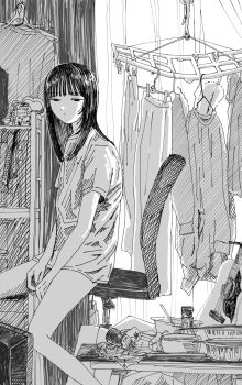 1girl blunt_bangs bottomless clothes_hanger greyscale highres indoors laundry long_hair mikan_d_v_d monochrome original standing
