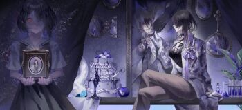 2girls absurdres broken_mirror faceless faceless_female gloves hair_over_one_eye higan1113557 highres holding holding_picture_frame jacket mirror multiple_girls path_to_nowhere picture_frame red_eyes uni_(path_to_nowhere) white_gloves