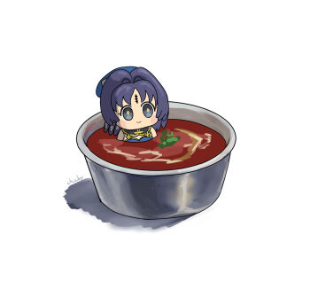 1girl black_hair chibi chibi_only chucky_(chucky1000sun) closed_mouth commentary_request food highres in_food long_hair signature simple_background smile solo tacet_mark_(wuthering_waves) white_background wuthering_waves yangyang_(wuthering_waves)