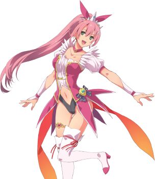 1girl absurdres bow breasts choker clothing_cutout collarbone earrings eiyuu_densetsu floating_hair green_eyes hair_between_eyes hair_bow hair_ornament heart heart_choker highres jewelry juna_crawford juna_crawford_(magical_juna) leotard long_hair looking_at_viewer magical_girl medium_breasts midriff navel official_art pink_hair ponytail red_bow red_choker sen_no_kiseki sen_no_kiseki_(series) sen_no_kiseki_iv short_sleeves solo stomach stomach_cutout tachi-e thighhighs transparent_background very_long_hair white_sleeves white_thighhighs x_hair_ornament zettai_ryouiki