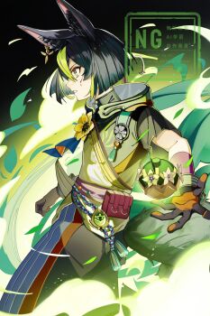 1boy animal_ear_fluff animal_ears aomiya_souju baggy_pants black_hair black_shirt black_tail blood blood_on_face commentary_request cuts dendro_symbol_(genshin_impact) drawstring flower fox_boy fox_ears fox_tail genshin_impact gloves green_eyes green_hair hair_between_eyes highres hood hood_down hooded_shirt injury looking_ahead male_focus multicolored_hair open_mouth pants shirt short_hair solo tail tassel tighnari_(genshin_impact) vision_(genshin_impact) watermark yellow_flower