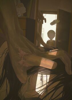 1girl 2boys backpack bag black_hair burn_scar commentary crack_of_light dark domestic_violence door family father_and_son furrowed_brow hand_on_another's_head highres husband_and_wife indoors jewelry jiankun_yu messy_hair missing_finger mother_and_son multiple_boys on_floor opening_door original portrait_(object) ring sandals scar shirt shoes throwing unworn_shoes upper_body wedding_ring white_sandals yellow_shirt