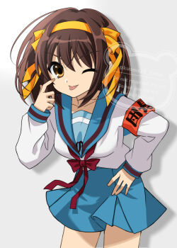 Rule 34 | 1girl, ;p, armband, blue sailor collar, blue skirt, breasts, brown hair, closed mouth, cowboy shot, eyelid pull, hair ribbon, hairband, hand up, hashtag-only commentary, highres, kita high school uniform, kuuma25 kuma, leaning forward, long sleeves, one eye closed, red armband, ribbon, sailor collar, school uniform, serafuku, shadow, shirt, short hair, skirt, solo, standing, suzumiya haruhi, suzumiya haruhi no yuuutsu, tongue, tongue out, watermark, white shirt, winter uniform, yellow hairband, yellow ribbon