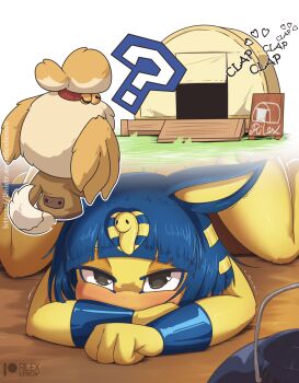 2girls ? animal_crossing animal_ears ankha_(animal_crossing) artist_name bell black_eyes blonde_hair blue_hair blunt_bangs blush bob_cut body_fur bracer brown_jacket cat_ears cat_girl covered_mouth dog_ears dog_girl dog_tail english_text facing_away female_focus from_behind furry furry_female hair_bell hair_ornament hair_tie half-closed_eyes heart implied_sex isabelle_(animal_crossing) jacket jingle_bell lantern looking_at_viewer multiple_girls nintendo nose_blush nude outline patreon_logo patreon_username rilex_lenov short_hair sidelocks sign signature snake_hair_ornament standing tail tent top-down_bottom-up topknot trembling watermark web_address white_outline yellow_fur