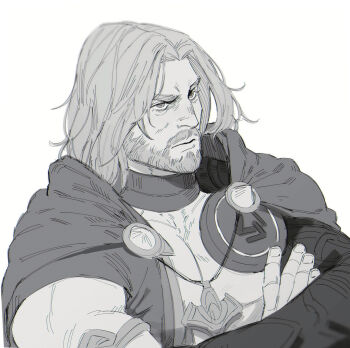 1boy armlet beard cape commentary crossed_arms english_commentary facial_hair greyscale hellfire_gala highres jewelry limach-an looking_up male_focus marvel marvel_rivals mature_male medium_hair monochrome muscular muscular_male necklace official_alternate_costume parted_hair solo thor_(marvel) thor_(marvel)_(series) white_background