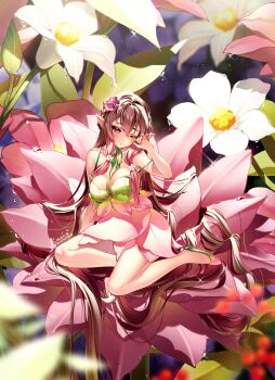 1girl artist_name bare_shoulders blush breasts brown_hair cleavage collarbone commentary dress elf english_commentary fingernails flower green_dress green_shoes hair_between_eyes hair_flower hair_ornament hand_up highres kira_yukishiro large_breasts long_hair looking_at_viewer nail_polish original paid_reward_available pink_dress pink_flower pink_nails pointy_ears purple_eyes shoes sitting strap_slip two-tone_dress very_long_hair white_flower