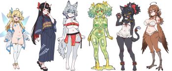 6+girls :d ahoge animal_ears animal_hands aqua_eyes barefoot belt_bra bikini black_fur black_hair blonde_hair bow breasts brown_hair cat_ears cat_girl colored_inner_hair colored_nipples colored_skin completely_nude contrapposto dog_ears dog_girl dog_tail fairy flat_chest full_body furry furry_female green_nipples green_skin grey_fur hair_between_eyes hair_bow harpy highres horns large_breasts long_hair long_sleeves looking_at_viewer maebari monster_girl multicolored_hair multiple_girls navel nude obi one-piece_swimsuit oni open_mouth original pasties pleated_skirt ponytail red_eyes red_hair sandals sash simple_background skin-covered_horns skirt slime_girl smile standing swimsuit tail talons tenmaru_(pointcircle) thighhighs twintails two_side_up very_long_hair waving white_background white_bikini white_one-piece_swimsuit white_thighhighs winged_arms wings yellow_eyes