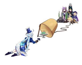 1other 2boys 3girls aether_(genshin_impact) all_fours animal_ears artist_self-insert black_hair blonde_hair blue_hair cake cake_slice crawling faceless faceless_female faceless_male food furina_(genshin_impact) genshin_impact gloves green_hair height_difference highres keqing_(genshin_impact) long_hair looking_at_another lying multicolored_hair multiple_boys multiple_girls on_stomach own_hands_together purple_hair qiqi_(genshin_impact) rope shoes simple_background sparkle squatting tighnari_(genshin_impact) two-tone_hair very_long_hair white_background white_hair yuka_(pixiv38407039)