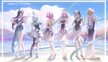 6+girls aglaea_(honkai:_star_rail) alternate_costume animal_ears arm_under_breasts arms_behind_back backless_dress backless_outfit bare_shoulders black_tiara blonde_hair blue_dress blue_eyes blue_hair blue_shoes blue_sky bow_(music) breasts castorice_(honkai:_star_rail) cat_ears cat_girl cat_tail cerydra_(honkai:_star_rail) chenmzi_sasa cipher_(honkai:_star_rail) cleavage closed_mouth cloud commentary_request crown dress drill_hair ears_through_hood flower from_behind full_body gradient_clothes gradient_dress green_eyes grey_hair hair_flower hair_intakes hair_ornament hand_up hands_up high_heels highres holding holding_bow_(music) honkai:_star_rail honkai_(series) hooded_leotard hyacine_(honkai:_star_rail) hysilens_(honkai:_star_rail) instrument large_breasts long_hair looking_at_viewer mini_crown mountainous_horizon multiple_girls music outdoors pink_hair playing_instrument pointy_ears purple_dress purple_eyes purple_hair shoes short_hair single_thighhigh sky smile tail thighhighs tiara twin_drills twintails very_long_hair water white_shoes