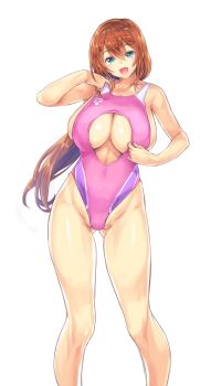 1girl :d alternate_costume arena_(company) bikini blue_eyes blush breasts brown_hair clothing_cutout commentary_request curvy feet_out_of_frame gluteal_fold groin highleg highleg_one-piece_swimsuit highres huge_breasts kiyama_satoshi linea_alba long_hair looking_at_viewer low_ponytail miyazaki_hiyori one-piece_swimsuit open_mouth pink_one-piece_swimsuit ponytail simple_background smile solo string_bikini swimsuit swimsuit_tug underboob_cutout white_background yuragisou_no_yuuna-san