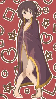 1girl artist_logo artist_name bambi2000line blunt_bangs blush brown_cape brown_hair cape closed_mouth full_body gold_trim highres kono_subarashii_sekai_ni_shukufuku_wo! logo loli looking_at_viewer megumin naked_cape patterned_background red_background red_eyes short_hair_with_long_locks signature small_sweatdrop solo standing tagme v-shaped_eyebrows
