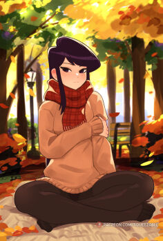 1girl artist_name autumn autumn_leaves bench black_eyes black_hair black_pantyhose commentary day english_commentary full_body indian_style komi-san_wa_komyushou_desu komi_shouko lamppost leaf long_hair long_sleeves looking_at_viewer outdoors paid_reward_available pantyhose patreon_username plaid_clothes plaid_scarf red_scarf scarf sitting smile solo squeezable_(squeezabledraws) sweater tree watermark