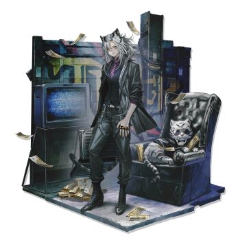 1girl animal_ears arknights armchair banknote black_boots black_jacket black_pants black_shirt boots braid brass_knuckles chair currency_strap full_body hair_between_eyes highres indra_(arknights) indra_(valiant_general)_(arknights) infukun jacket long_braid long_hair long_sleeves looking_at_viewer messy_hair money necktie official_alternate_costume official_art pants purple_necktie scar scar_on_face scar_on_nose shirt silver_hair single_braid smile solo standing static television tiger tiger_ears transparent_background very_long_hair weapon yellow_eyes