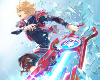 1boy blonde_hair blue_eyes energy_sword feet_out_of_frame fuwamoko_momen_toufu highres holding holding_sword holding_weapon long_sleeves male_focus monado open_mouth shatter shulk_(xenoblade) solo sword weapon xenoblade_chronicles_1 xenoblade_chronicles_(series)