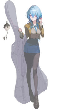 1girl absurdres blue_hair blue_necktie blue_skirt buttons closed_mouth collared_shirt colored_eyelashes commentary_request do_brando hair_between_eyes highres holding holding_behind_back holding_instrument_case instrument_case_on_back jacket long_hair long_sleeves necktie no_veil pantyhose purple_eyes purple_pupils school_uniform shirt shorekeeper_(wuthering_waves) skirt vest violin_case white_shirt wing_collar wuthering_waves