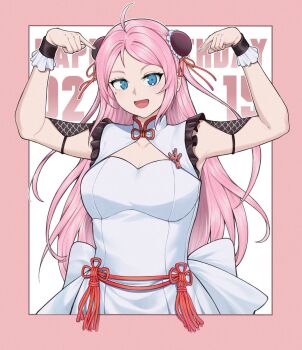 1girl :d ahoge black_wrist_cuffs blue_eyes blush border breasts cleavage cleavage_cutout clothing_cutout commentary dated dress english_commentary frilled_dress frilled_wrist_cuffs frills happy_birthday highres large_breasts long_hair looking_at_viewer love_live! love_live!_nijigasaki_high_school_idol_club love_live!_nijigasaki_high_school_idol_club_the_movie_-_finale mayo_e mole mole_under_eye open_mouth outside_border phoenix_(love_live!) pink_border pink_hair pointing pointing_at_self sidelocks sleeveless sleeveless_dress smile solo swept_bangs text_background two_side_up upper_body white_background white_dress wrist_cuffs zhong_lanzhu