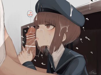 1boy 1girl bar_censor black_neckerchief blue_dress blue_headwear blue_sailor_collar blunt_bangs blush breath brown_eyes brown_hair censored clothes_writing cum cum_on_body cum_on_clothes cum_on_hair dress facial fellatio hat heart hetero kantai_collection licking licking_penis long_sleeves nao_salad neckerchief oral penis sailor_collar sailor_dress short_hair signature spoken_heart under_table z3_max_schultz_(kancolle)