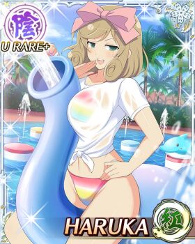 1girl :d bikini bikini_top_under_shirt bikini_under_clothes border bow breasts brown_hair card_(medium) character_name covering_own_mouth curled_ends day dolphin elephant_statue fountain game_cg green_eyes hair_bow hand_on_own_hip hand_over_own_mouth haruka_(senran_kagura) large_breasts looking_at_viewer medium_hair navel official_art open_mouth outdoors palm_tree pink_bow pool rainbow_bikini see-through_clothes see-through_shirt senran_kagura senran_kagura_new_wave shirt sitting smile smug solo spraying swept_bangs swimsuit third-party_source tied_shirt tree water wet wet_clothes wet_shirt white_shirt
