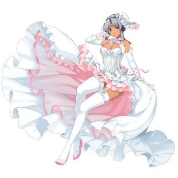 Rule 34 | 1girl, akatsuki no kiseki, breasts, cleavage, dark-skinned female, dark skin, detached sleeves, dress, eiyuu densetsu, flower, garter straps, green eyes, grey hair, hair flower, hair ornament, high heels, invisible chair, layered dress, long sleeves, looking at viewer, medium breasts, official art, parted bangs, parted lips, pink shoes, pumps, scherazard harvey, shoes, short hair with long locks, simple background, sitting, smile, solo, sora no kiseki, tachi-e, thighhighs, third-party source, wedding dress, white background, white dress, white flower, white sleeves, white thighhighs