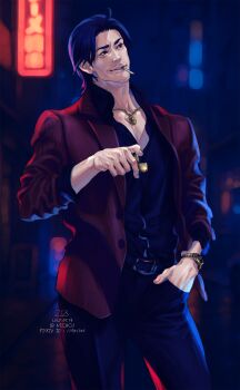 Rule 34 | 1boy, akiyama shun, black hair, black shirt, cigarette, city lights, commentary request, facial hair, gold wristwatch, hand in pocket, highres, holding, holding lighter, jacket, jewelry, lighter, male focus, necklace, neon lights, nicacu, night, parted bangs, pinstripe jacket, pinstripe pattern, red jacket, ryuu ga gotoku (series), ryuu ga gotoku 4, shirt, signature, smoking, solo, stubble, v-neck, watch, wristwatch