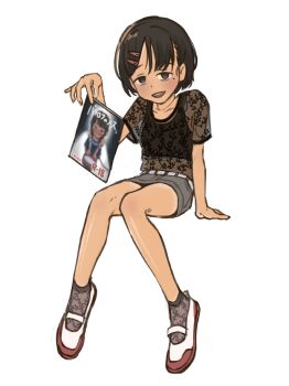 1girl absurdres black_eyes black_hair black_shirt blush denim denim_skirt grey_skirt hair_ornament hairclip hetero highres holding holding_magazine invisible_chair lace_shirt lace_socks loli looking_at_viewer magazine_(object) miniskirt mole mole_under_eye open_mouth original pornography sabuakadeath see-through_clothes see-through_shirt see-through_socks shirt shoes short_hair short_sleeves simple_background sitting skirt smirk smug sneakers socks solo tan textless_version translation_request uwabaki
