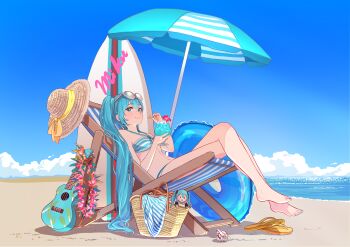 1girl absurdres bag barefoot beach beach_umbrella blue_eyes blue_hair chair character_doll cup day doll drink drinking_straw eyewear_on_head flip-flops flower flower_necklace full_body hat hatsune_miku highres holding holding_cup holding_drink innertube instrument jewelry lei long_hair nail_polish nap_on_a_cloud necklace ocean outdoors sand sandals seashell shell shoes sitting sky smile solo straw_hat sunglasses surfboard swim_ring toenail_polish toenails twintails ukulele umbrella unworn_hat unworn_headwear unworn_shoes very_long_hair vocaloid