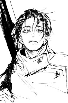 1boy absurdres black_hair gangsan_99 hashtag-only_commentary highres jujutsu_kaisen male_focus monochrome okkotsu_yuuta parted_lips scabbard sheath short_hair sketch solo white_background