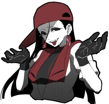 1girl backwards_hat baseball_cap black_eyes black_gloves black_outline black_shirt commentary_request cropped_torso earrings gloves hair_between_eyes hat highres jacket jewelry long_hair looking_to_the_side lycorisanguine mole mole_above_eye open_clothes open_jacket open_mouth outline partially_shaded_face red_hat red_pupils sharp_teeth shirt short_sleeves shrugging simple_background solo synthesizer_v teeth tongue tongue_out vimalion_pro white_background yi_xi_(synthesizer_v)