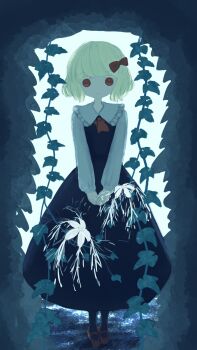 1girl absurdres black_dress blonde_hair bow dress full_body hair_bow highres ivy long_sleeves looking_at_viewer monoxer outdoors own_hands_together plant red_eyes rumia solo standing straight-on touhou v_arms