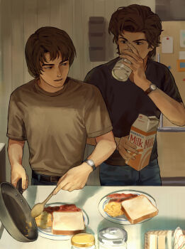 2boys bacon bread bread_slice breakfast brown_eyes brown_hair c-fish commentary drink drink_carton drinking food highres holding holding_drink holding_milk_carton holding_pan jonathan_byers male_focus milk_carton multiple_boys plate scrambled_egg shirt short_hair slice_of_life steve_harrington stranger_things symbol-only_commentary toast