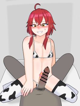 2boys blush boy_on_top cow_print cow_print_bikini dark-skinned_male dark_skin grimms_notes grin hahn_(grimms_notes) indoors male_focus multiple_boys on_bed print_bikini red_hair silver_sor smile teeth trap yaoi yellow_eyes