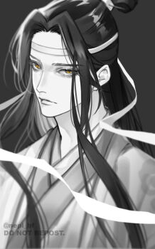 Rule 34 | 1boy, black background, black hair, blurry, blurry foreground, chinese clothes, closed mouth, commentary request, eyelashes, grey background, greyscale, hanfu, headband, lan wangji, long hair, looking at viewer, male focus, modao zushi, monochrome, portrait, simple background, solo, spot color, topknot, twitter username, upper body, watermark, white hanfu, white headband, xiao guan (headdress), yellow eyes, ykmr (haga)