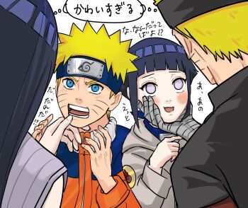 2boys 2girls bandaged_arm bandages black_hair black_headband blonde_hair blue_eyes blue_headband dual_persona forehead_protector grabbing_another&#039;s_chin hand_on_another&#039;s_chin headband highres konohagakure_symbol long_hair multiple_boys multiple_girls naruto:_the_last naruto_(classic) naruto_(series) notane_n open_mouth purple_eyes shared_thought_bubble smile speech_bubble thought_bubble translation_request