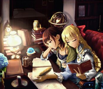2girls ahoge analog_clock armchair armillary_sphere bed bedroom black_hair blonde_hair blue_dress blue_flower book bookshelf bow breasts candle chair claire_francois cleavage clock closed_mouth commentary couple cuddling cup dress drill_hair elbow_rest english_commentary expressionless female_focus flower frilled_dress frilled_sleeves frills green_shawl hair_bow half-closed_eyes half_updo hand_rest holding holding_book holding_quill hydrangea indoors jar jewelry lamp large_bow long_hair long_sleeves mug multiple_girls night on_chair open_book paper pile_of_books quill rae_taylor reading red_bow red_eyes ring shawl short_hair slice_of_life slime_(creature) smile spaghetti_strap swept_bangs tofufuyu0112 twitter_username watashi_no_oshi_wa_akuyaku_reijou water watermark wedding_ring white_dress wife_and_wife writing yuri