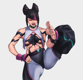 absurdres barefoot breasts capcom collar evil_grin evil_smile feet grin han_juri highres legs mortificent smile spiked_collar spikes standing standing_on_one_leg street_fighter street_fighter_6 tongue tongue_out