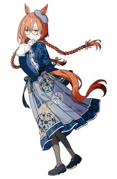 1girl adjusting_eyewear animal_ears black_pantyhose black_shoes blue_jacket blue_kimono bow braid brown_hair closed_mouth ears_through_headwear full_body glasses hat highres horse_ears horse_girl horse_tail ikuno_dictus_(stroll_along_the_orderly_road)_(umamusume) ikuno_dictus_(umamusume) jacket japanese_clothes kimono long_hair long_sleeves looking_at_viewer migolu multicolored_hair pantyhose shirt shoes simple_background smile solo standing tail twin_braids two-tone_hair umamusume white_background white_hair white_shirt