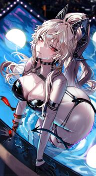 1girl absurdres alternate_costume alternate_hairstyle ass bare_shoulders bikini black_bikini black_choker black_gloves black_horns black_tail blush breasts chest_harness choker commentary curled_horns demon_tail earrings gloves grey_hair hair_between_eyes harness highres horns jewelry key_earrings large_breasts leaning_forward long_hair looking_at_viewer mole mole_under_eye necklace necktie necktie_around_wrists parted_lips ponytail pool poolside red_eyes red_necktie signature single_glove smile soare_lucien solo swimsuit tail thighs very_long_hair wet wuthering_waves zani_(wuthering_waves)