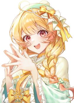 Rule 34 | 1girl, :d, absurdres, ahoge, blonde hair, bow, braid, frilled kimono, frills, gradient hair, green bow, hair bow, hair ornament, hair over shoulder, hashtag-only commentary, hat, highres, hololive, japanese clothes, kimono, long hair, looking at viewer, multicolored hair, official alternate costume, official alternate hairstyle, open mouth, otonose kanade, red eyes, roha (2r0ha1745), simple background, single braid, smile, solo, steepled fingers, upper body, virtual youtuber, white background, yellow bow