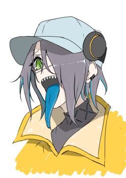 1girl absurdres arknights asbestos_(arknights) eyepatch hat highres jacket long_tongue sarumo94 sharp_teeth tagme teeth tongue tongue_out