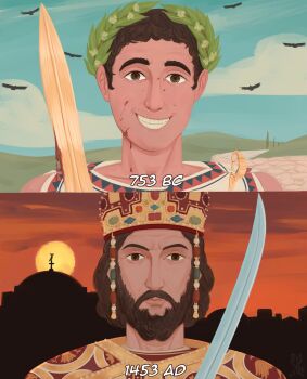 beard bird byzantine_architecture byzantine_clothes byzantine_empire commentary constantine_xi cross crown crying crying_with_eyes_open day eagle english_commentary facial_hair fall_of_constantinople gladius greco-roman_clothes hagia_sophia head_wreath highres leaf_wreath long_hair outdoors real_life rome_(city) romulus sanstitre2000 short_hair smile sunset sword tears tree weapon
