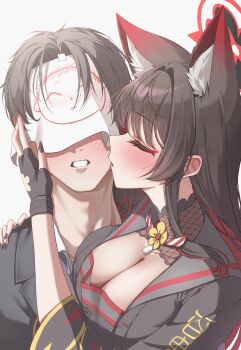 1boy 1girl absurdres animal_ear_fluff animal_ears black_gloves black_hair black_jacket black_kimono black_nails blue_archive blue_necktie blush breasts closed_eyes collared_shirt colored_inner_hair commentary_request doodle_sensei_(blue_archive) extra_ears fingerless_gloves fox_ears fox_girl gloves grey_sailor_collar gyu_chul halo hand_on_another's_face highres hug_from_side jacket japanese_clothes kimono kiss kissing_cheek korean_commentary large_breasts long_hair multicolored_hair necktie parted_lips red_hair red_halo sailor_collar sensei_(blue_archive) shirt short_hair two-tone_hair wakamo_(blue_archive) white_shirt