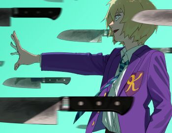 Rule 34 | 1boy, aqua background, black vinegar middle school uniform, blonde hair, blue necktie, collared shirt, commentary request, diagonal-striped clothes, diagonal-striped necktie, hanazawa teruki, highres, jacket, kitchen knife, knife, looking ahead, male focus, mob psycho 100, necktie, open mouth, outstretched arm, purple jacket, school uniform, shirt, short hair, simple background, solo, striped clothes, tawaimo9, telekinesis, twitter username, upper body, white shirt